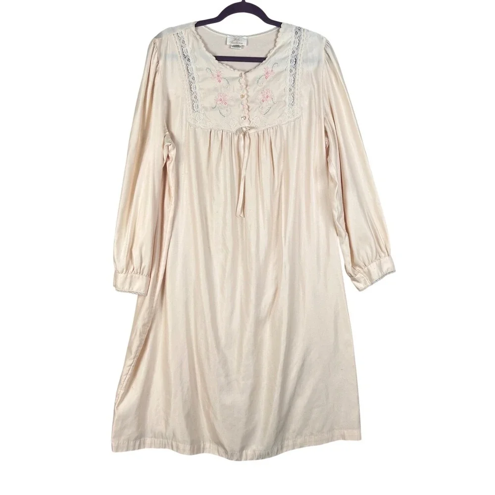 Lady Barbizon‎ Nightgown L Peach Pink Floral Lace Long Sleeve Loungewear Women